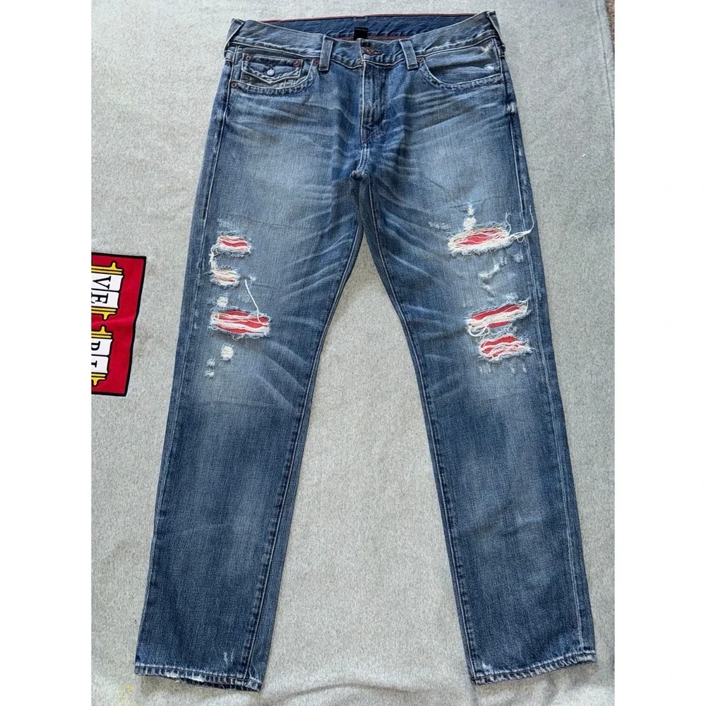 True Religion Mens Geno Relaxed Slim Distressed Dark Wash Blue Size 38‎